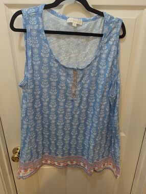 Suzanne Betro Light Blue Printed Tank Top with White and Coral Accents